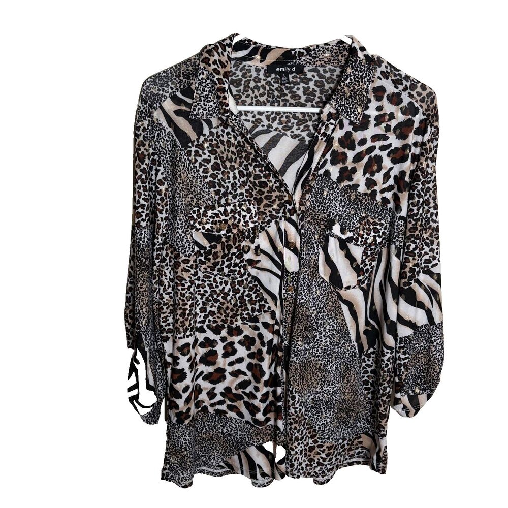 Emily D Blouse Women's Large Button Up 3/4 Sleeve Metallic Animal Print Top